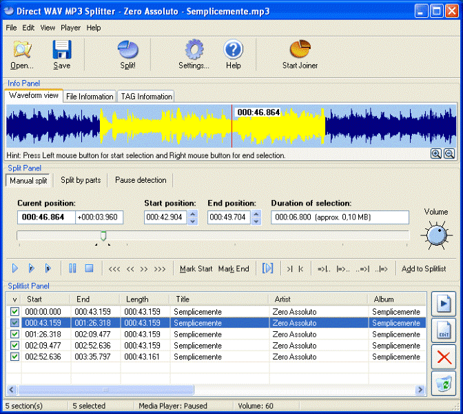 Split audio files quickly and accurately using Direct WAV MP3 Splitter.